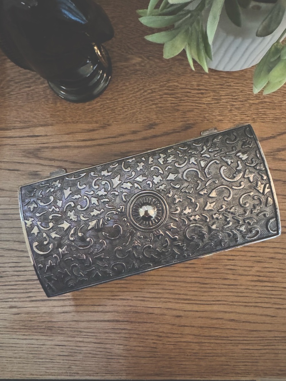 Vintage Ornate Silver Tone Trinket Box Blue Velvet Lined Jewelry Box